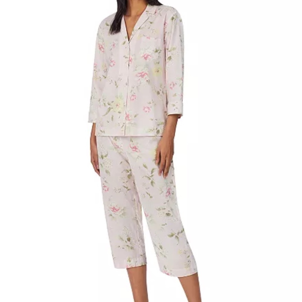 Lauren Ralph Lauren Women's Floral Pastel Pajama Set - Pink & Green on Cream